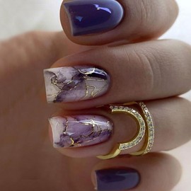 Medium Press on Nails Square Fake Nails with Marble Designs Glossy Glue on Nails Summer Acrylic Nails Daily Wear Natural False Nails Purple Full Cover Artificial Stick on Nails for Women 24Pcs