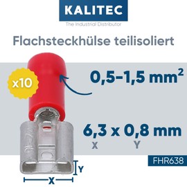 Kalitec FHR638 Blade Receptacles Red 6.3 x 0.8 mm Cable Connector 0.5 - 1.5 mm² Connector Partially Insulated Brass PVC Collar for Car and Industry Pack of 10