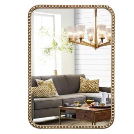 Brauthon 24"x30" Antique Gold Mirror with Beaded Frame, Champagne Bronze Mirrors for Bathroom, Antique Brass Metal Frame Wall Mirrors, Gold Beaded Mirror for Vanity Ornate Bedroom Hallway Fireplace