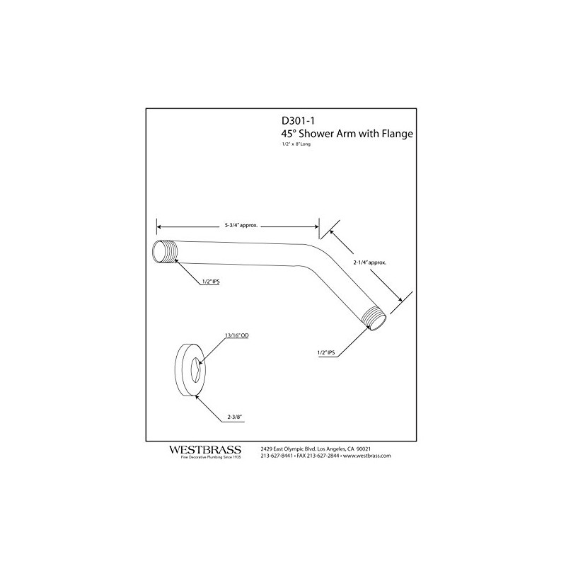 Westbrass D301-1-07 1/2" IPS x 8" Wall Mount Shower Arm
