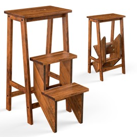 Giantex 3 Step Ladder, Lightweight 3-in-1 Multifunctional Step Ladder w/Anti-Slip Reversible Pedal, Hollow Handle Design, Used for Storage Shelf, Sitting Chair, Folding Pine Wood Step Ladders