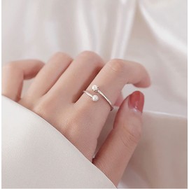 IMINI Double Pearls Open Promise Rings 925 Sterling Silver Adjustable Minimalist Shell Pearl Statement Engagement Ring Wedding Band Wrap Finger Bands Fashion Jewelry Gifts for Women Girls Wife