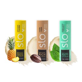 Slo | Natural Lip Balm - All Natural Ingredients, Vegan & Cruelty Free, Hydrating & Soothing, Plastic Free | Pina Colada + Zinc & Peppermint + Vitamin E & Vanilla + Cacao - 3 Pack (3 x 0.28oz/8g)
