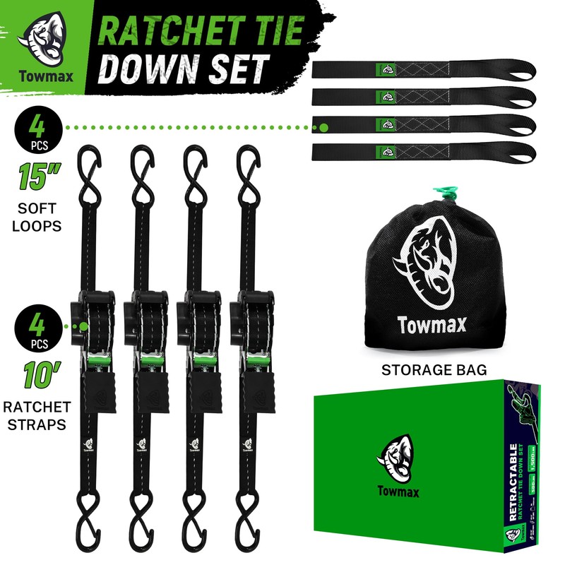 Retractable Ratchet Straps(4 Pack) - 1in x 10ft Self Retracting