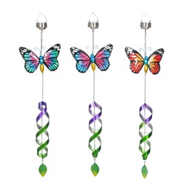 Asense 3 Pcs Hanging Butterfly Wind Spinners with Light Home Garden Decor, Patio Yard Backyard Outdoor Art Outside Decorations Metal Wind Chimes Gifts for Lawn Hanging Pinwheels Crafts Ornaments