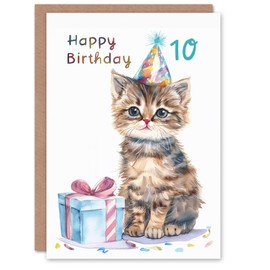 Artery8 10th Birthday Card Cute Baby Cat Kitten Party Hat Kids Age 10 Year Old Child For Son Daughter Girl Boy Happy Card