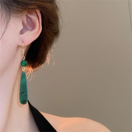 Boho Long Tear Drop Dangle Hook Earrings for Women Colorful Texture Stone Round Teardrop Dangling Statement Earring Fashion Geometric Lightweight Wedding Jewelry (Green)