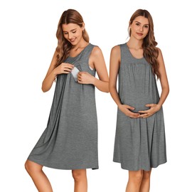 Ekouaer Maternity Nursing Dress Nightgown Labor and Delivery Gown Sleeveless Pregnancy Breastfeeding Dresses Grey XXL
