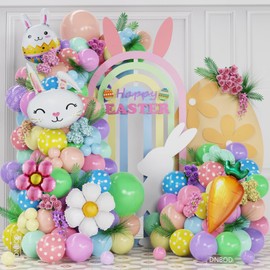 DNBOD Pastel Easter Bunny Balloon Arch Kit,149Pcs Pastel Rainbow Balloon Garland with Easter Eggs,Bunny,Daisy,Carrot Foil Balloons for Easter Baby Shower Fairy Princess Birthday Spring Tea Party Decoration
