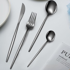 Tiokin Besteck Set 6 Personen, 24 teilig Edelstahl Besteckset Schwarz,Essbesteck Set mit Messer Gabel Löffel, Hochwertiges Edelstahlbesteck, Spülmaschinenfest