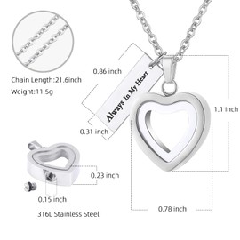 Glass Heart Cremation Urn Necklace for Ashes Stainless Steel Memorial Ash Pendant Keepsake Jewelry Cremation Jewelry for Women (Silver-Always in My Heart)