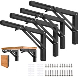 AUTOHJ Folding Shelf Brackets - 10 Inch 4 Pcs Heavy Duty Metal Collapsible Triangle Shelf Bracket, DIY Wall Mounted Foldable Shelf Bracket, Space Saving for Bench Table