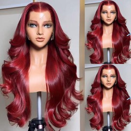 SISIFIRE Burgundy Body Wave Lace Front Wigs for Women 13 * 4 Inch Heat Resistant Fiber Long Loose Curly Lace Wig with Baby Hair Wine Red Synthetic Glueless Lace Front Wig for Daily Party Use 26 Inch