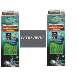 Set: 2-6 packs of tied trout hooks (10-30 pieces) to fluoro-carbon line leader, hook size 4, 6 & 8 from Behr + free Petri Heill! sticker (2 packs hook size 6)