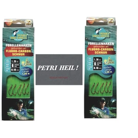 Set: 2-6 packs of tied trout hooks (10-30 pieces) to fluoro-carbon line leader, hook size 4, 6 & 8 from Behr + free Petri Heill! sticker (2 packs hook size 6)