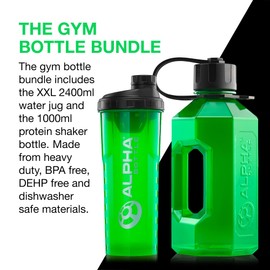 Alpha Designs | 2 Litre Water Bottle (2400ml) + Protein Shaker (1l) Gym Bundle | Father's Day Gift | Green