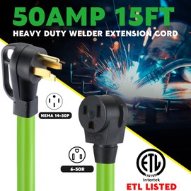 Tellegloww 8AWG 50Amp Welder Extension Cord Compatible with NEMA 14-50P to 6-50R, 4 Prong to 3 Prong Power Extension Cord with Handle for Generator or RV Welder, 50 Amp 250V 12500 Watt(15 Feet)