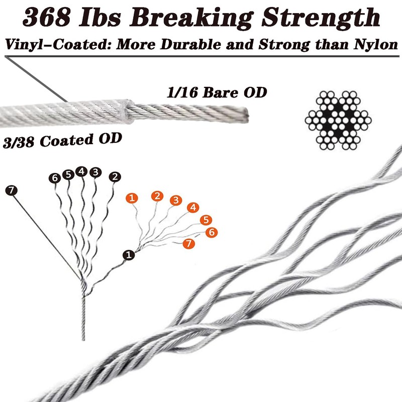 1/16 Wire Rope Kit, Steel Wire Cable, 7x7 Strand Core,165ft
