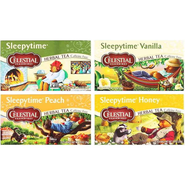 Celestial Seasonings Sleepytime Assorted Tea Bundle: (1) Sleepytime Classic, (1) Sleepytime Vanilla, (1) Sleepytime Peach, and (1) Sleepytime Honey (4 Total Boxes) - Gluten Free & Caffeine Free