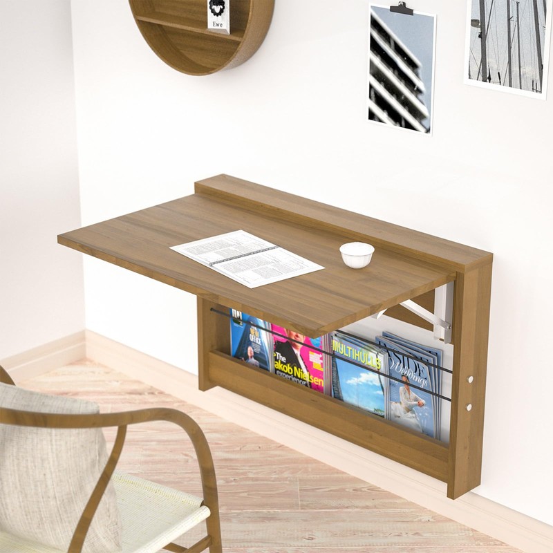 OLMPYE Wall Mounted Folding Table,Wooden Mounted Desk with Iron Bracket,Small