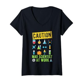 Womens CAUTION Mad Scientist AT WORK Mad Scientist Costume V-Neck T-Shirt