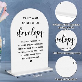 Acrylic Wedding Signs, Bridal Shower Decorations, Modern Arched Round Top Acrylic Table Top Sign with Holder for Wedding Reception Party Dinner - Can't Wait to See What Develops (White)