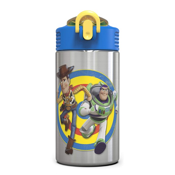 Zak Designs - La botella de agua Toy Story 4 Buzz & Woody de 15.5 onzas, sin BPA, con tapa que se puede operar con una sola mano y asa de transporte integrada, con pajita, es perfecta para niños