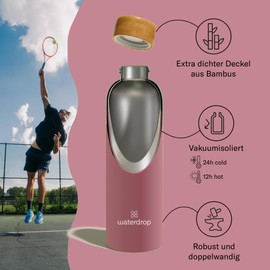 waterdrop® Steel Bottle 600ml isolierte Trinkflasche auslaufsicher | Thermosflasche 24h kalt, 12h heiß | doppelwandige Edelstahl Wasserflasche | bruchsicher | Kohlensäure geeignet