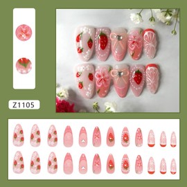 24Pcs Pink 3D Press on Nails Almond Medium, Handmade Fake Nails with Fruit Strawberry Designs French Tip Nails Press on Cute Gel Acrylic Glue on Nails Medium Length Stick on Nails for Women
