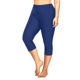 Holipick - Pantalones cortos largos de natación para mujer, talla grande, pantalones de natación de cintura alta, control de abdomen, Azul, 14 Plus
