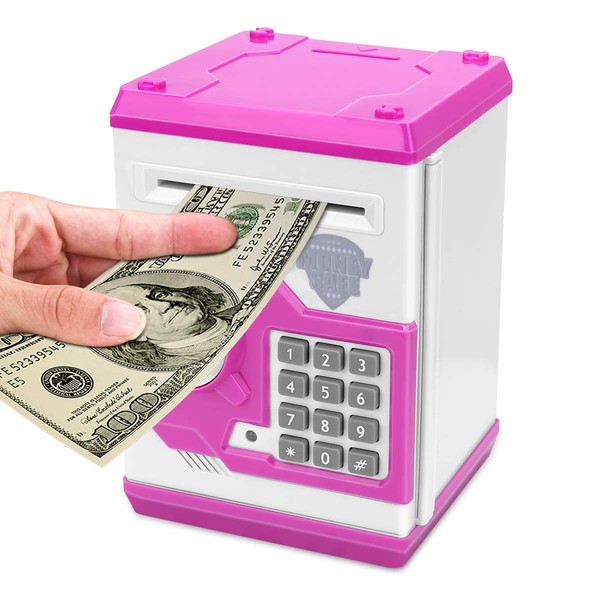 Adsoner Cartoon Piggy Bank, Electronic ATM Password Cash Coin Can Auto Scroll Paper Money Saving Box Gift for Kids (Pink)
