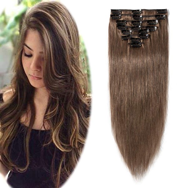 Clip in on Hair Extensions Remy Human Hair Standard Weft 24 Inch 80g 8 Pcs 18 Clips Thin Soft Silky Straight Hair for Women Gift Beauty #6 Light Brown