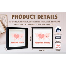 Black Honeymoon Shadow Box Frame with Slot, Adventure Tickets Boxes Frames for Fund, 8x8 Memory Box for Keepsakes, Travel Gifts and Decorations, 15
