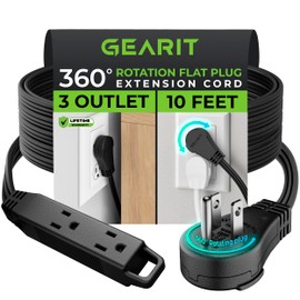 GEARit 360 Rotating Flat Plug Extension Cord (10ft, Black) Multi 3-Outlet Extension 16 AWG Wire, Adapter for Small Spaces, Right Angle Socket, ETL Certified - 10 Feet