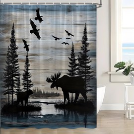 JOFKAXU Rustic Cabin Forest Shower Curtain Vintage Bear Moose Elk Deer Pine Tree Bird Wildlife Camping Lodge Hunting Wild Animal Farmhouse Country Bath Curtain with Hooks