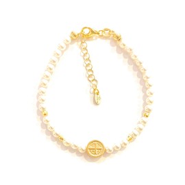 Pearl Bracelet Beads and Cross 925 Sterling Silver, Silver