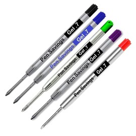 5 Pack, Pen Savings Gel Pen Refills Compatible with Parker Ballpoint Pens, .7mm, Smooth Writing, Frictionless Flow (Bulk Packed) (Assorted (1 Each Color))