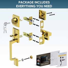 TICONN Front Door Handle Set, Heavy Duty Square Door Lever & Single Cylinder Deadbolt Combo Reversible for Entrance Exterior Doors (Polished Brass)