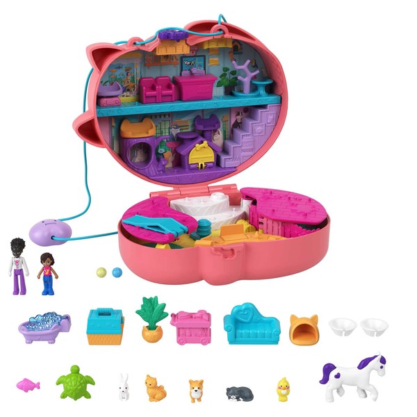 Polly Pocket HGT16 Veterinary Practice Box with Shani as Main Character, with 2 Small Dolls and 18 Accessories, Pop + Swap Attachment Function, Toy Gift for Children from 4 Years