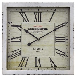 Yosemite Home Decor Square Wooden Wall Clock, White Frame, White Face, Black Text, Black Hands