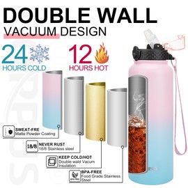 GOPPUS 1.2L/40oz Stainless Water Bottle with Straw Large Thermal Bottle 1200ml Flip Top Metal Bottles Cold Drink Leakproof Flask Big Drinks Bottles Double Walled Insulated Bottle Travel Water Bottle