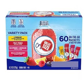 Crystal Light Sugar-Free, Lemonade, Fruit Punch, Raspberry Lemonade and Wild Strawberry On-The-Go Powdered Drink Mix Variety Pack, 60 Count, Each Packet Fits into a 16.9 oz. bottle or cup.