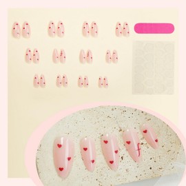 Queen of Hearts Press on Nails - Pink Fake Nails with Red Hearts Design, Almond Shape, Glossy Finish - Reusable, 24pcs
