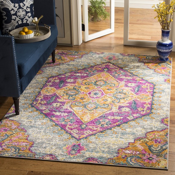 SAFAVIEH Madison Collection MAD119C Boho Chic Medallion Non-Shedding Living Room Bedroom Accent Area Rug, 4' x 6', Blue / Fuchsia