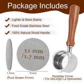 Bottomless Portafilter 51 mm with Espresso Puck Screen Compatible La Specialista EC9335M EC9155M EC9355M EC9665M, Includes Stainless Steel Portafilter Basket, Walnut Wooden Handle