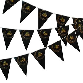 Ramadan Mubarak Banner Muslim Bunting Black Triangle Banner Garland with Lantern Moon Castle Sign Eid Mubarak Festival Celebration Party Decorations for Coat Fireplace Wall Party Accessories