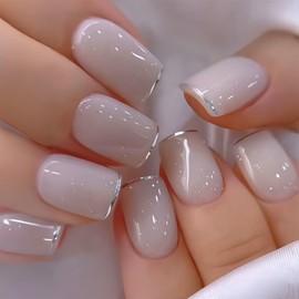 Silver French Tip Press on Nails Short Square Petite Fake Nails Reusable False Nails Full Cover Nude Pink Glossy Glue on Nails Acrylic Nails Stick on Nails for Women Girls 24Pcs