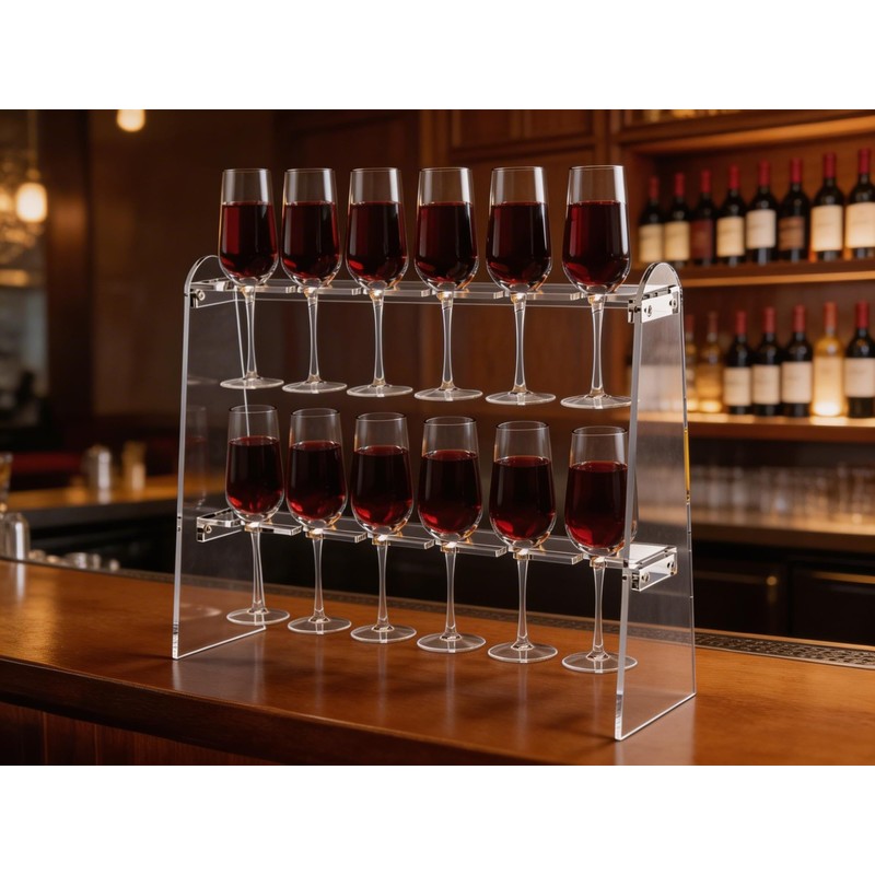 SOVQUEST Acrylic Stemware Rack, 2 Tier 12 Slot Trapezoid Champagne