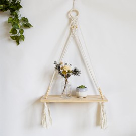 LB Macrame Wall Hanging Shelf, Boho Macrame Wall Decor for Bedroom Living Room Nursery Bathroom, Bohemian Wooden Display Floating Shelves for Wall Decor with Handmade Woven Rope for Plant, 30"L x 16"W