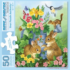 Bits and Pieces - 50 Piece Large Piece Family Jigsaw Puzzle for Adults & Kids - 15" x 19" - A Touch of Spring by Jane Maday - Cute Bunnies Flowers - 50 pc Jigsaw